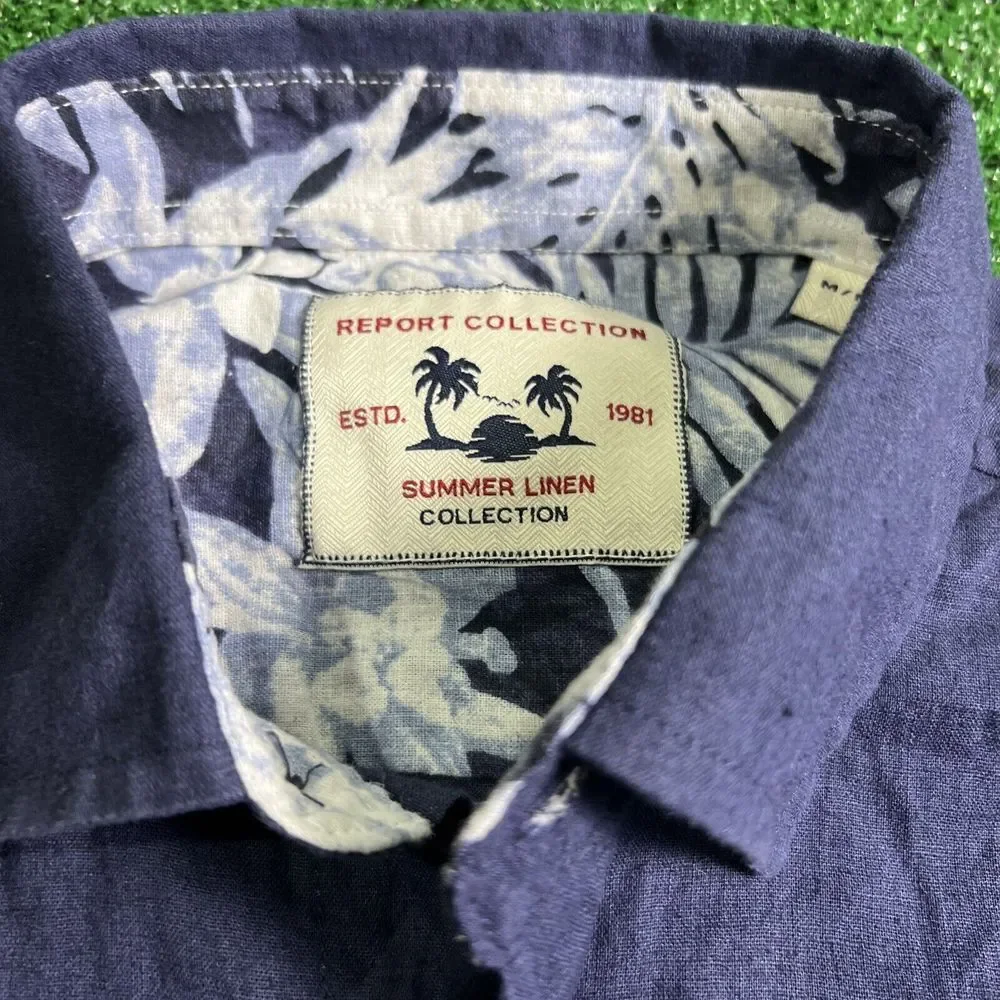 Report Collection Summer Linen Mens Blue Button Down Short Sleeve Size‎ Med NWT